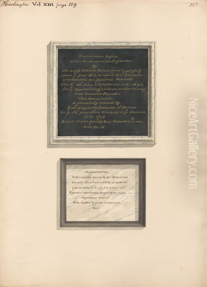 Memorials to Lady Letitia Poinez and Robert Cooper from Harlington Church Oil Painting by Daniel Lysons