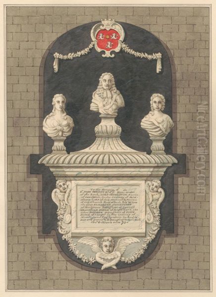 Memorial to Sir John Benett and his wives Elizabeth and Bridget from Harlington Church Oil Painting by Daniel Lysons