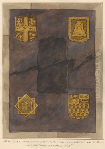 Brass Plates on an unidentified tomb in the Pavement of the Middle Aisle near the Chancel from Oil Painting by Daniel Lysons