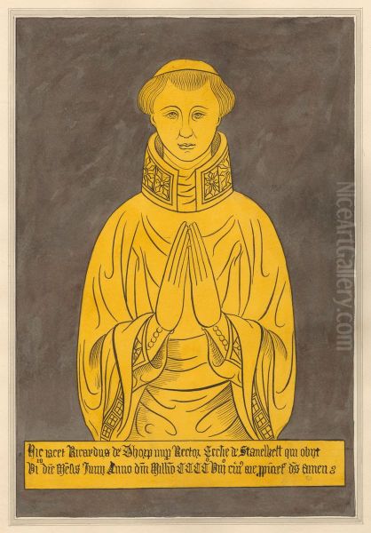 Brass Plate for Richard de Thorp, from Stanwell Church Oil Painting by Daniel Lysons