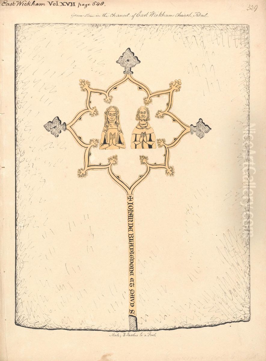 Brass Plate Memorial to John and Maud de Bladigdone, from Wickham Church Oil Painting by Daniel Lysons
