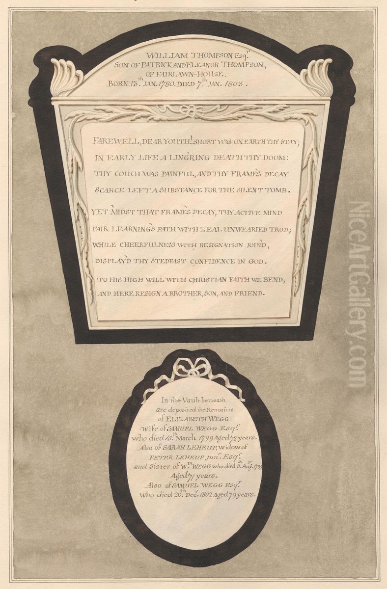 Memorial to William Thompson, and to Elizabeth and Samuel Wegg, and Sarah Leheup, from Acton Church Oil Painting by Daniel Lysons