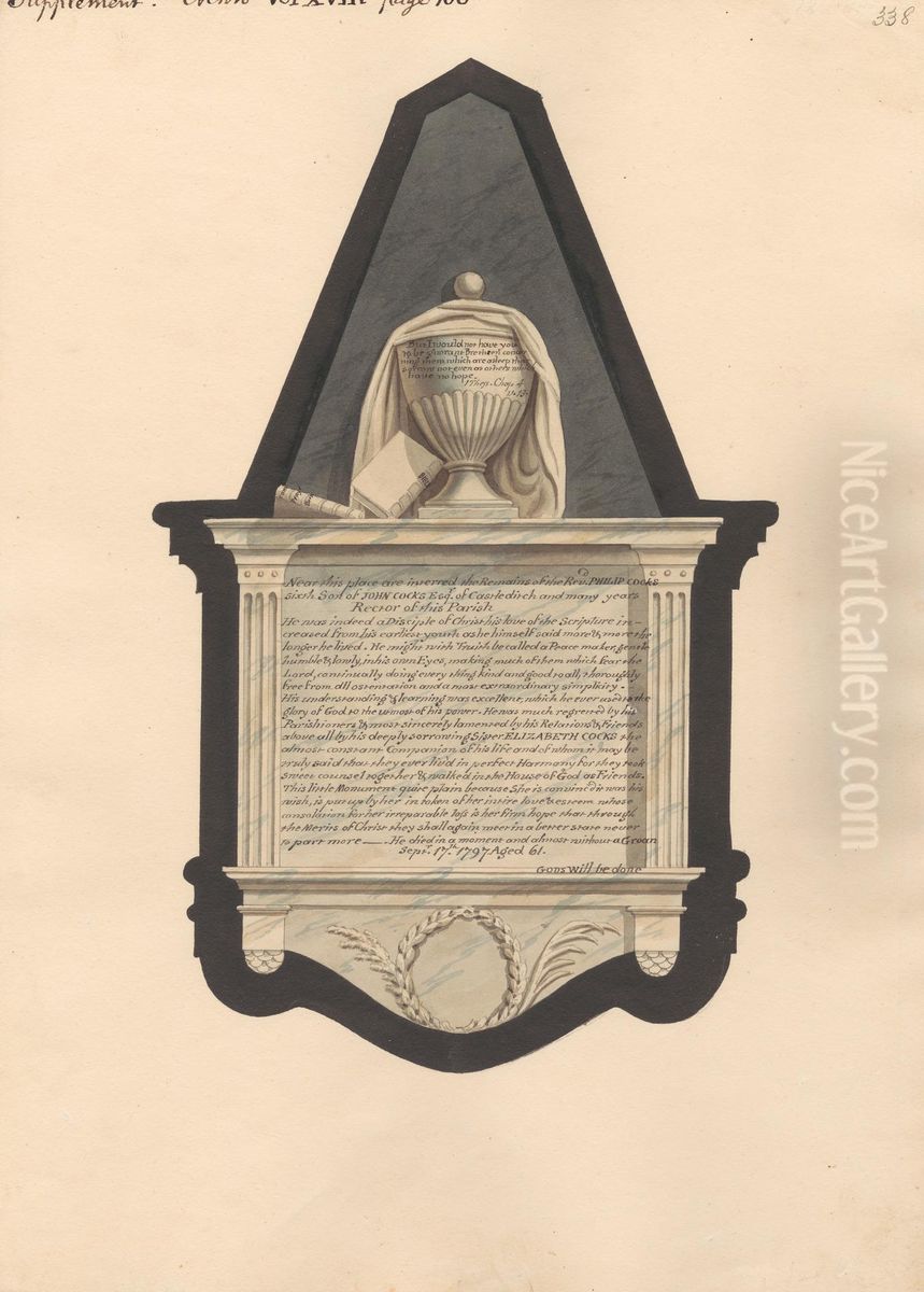 Memorial to Philip Cocks, from Acton Church Oil Painting by Daniel Lysons