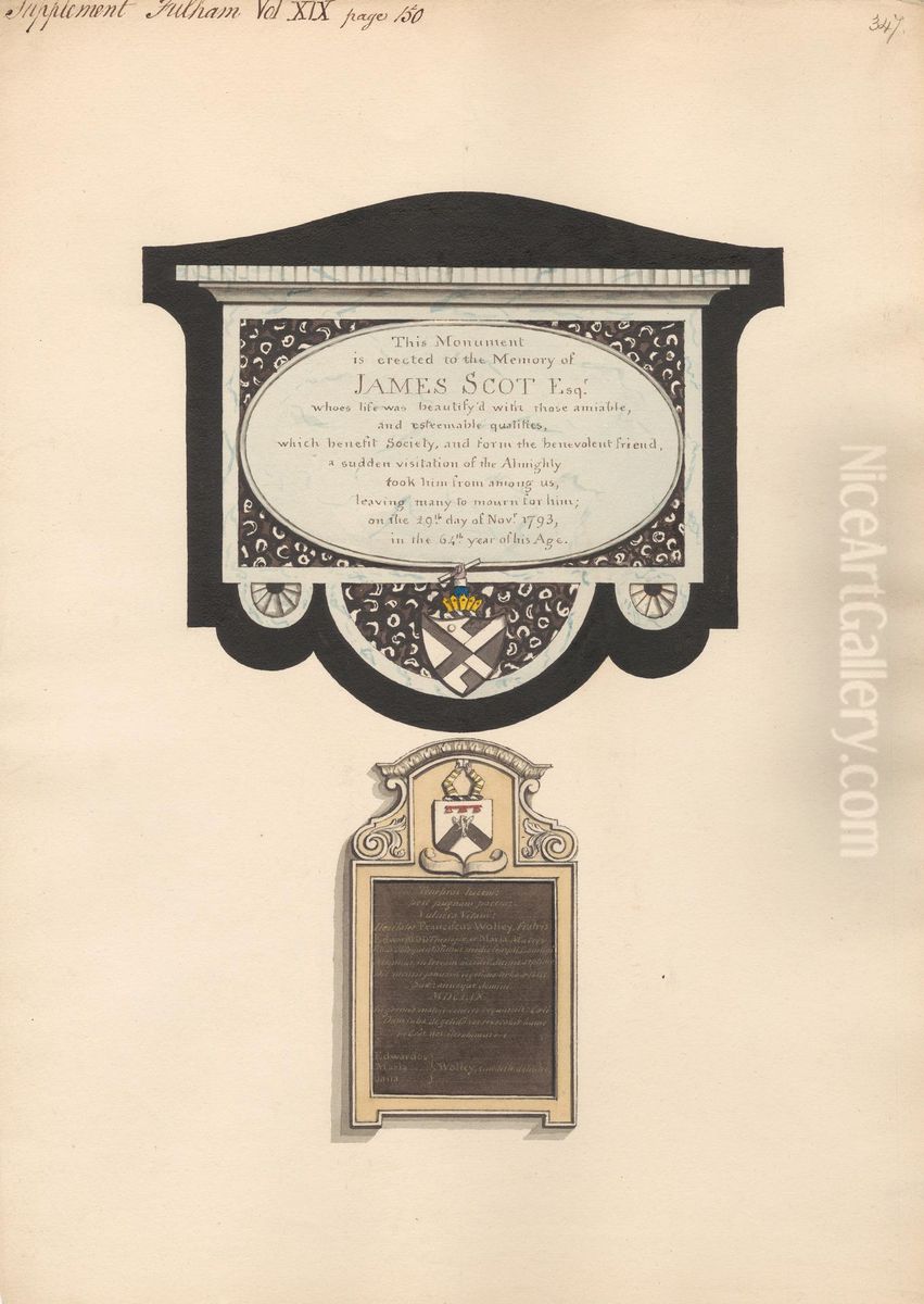 Memorial to James Scott and to Francis Wolley from Fulham Church Oil Painting by Daniel Lysons