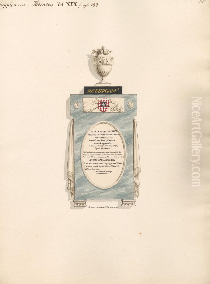 Memorial to Mrs. Lucretia Gazeley and her children Sarah Maria, Lucretia, Joseph, Joseph-William, Eliza and Eliza Gazeley, from Hornsey Church Oil Painting by Daniel Lysons