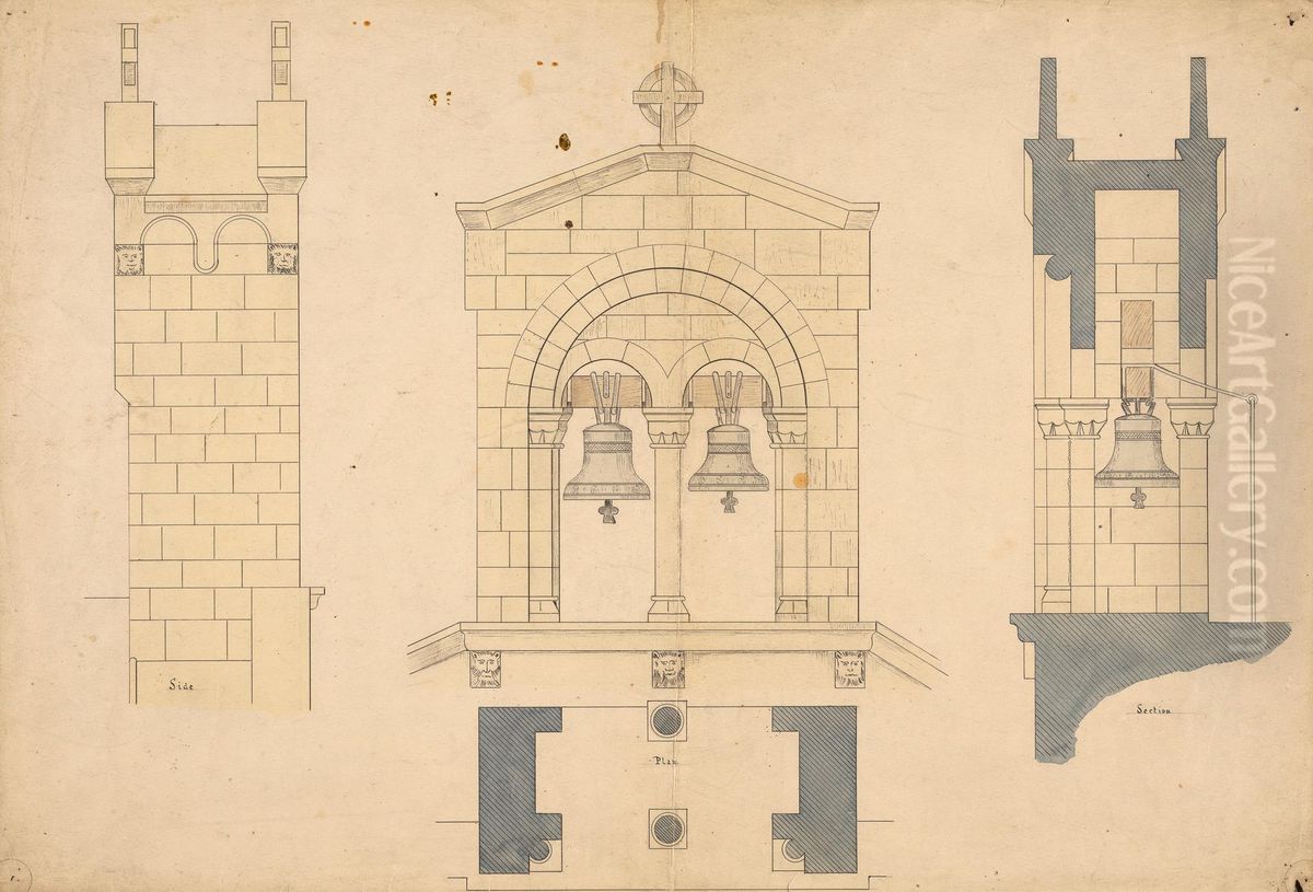 Elevation, Plan and Section of a Bell Tower Oil Painting by Augustus Pugin