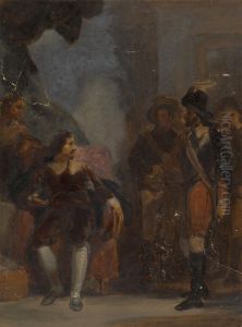 Man Seated while Speaking to a Soldier Who is Standing Man Seated while Speaking to a Soldier Who is Standing