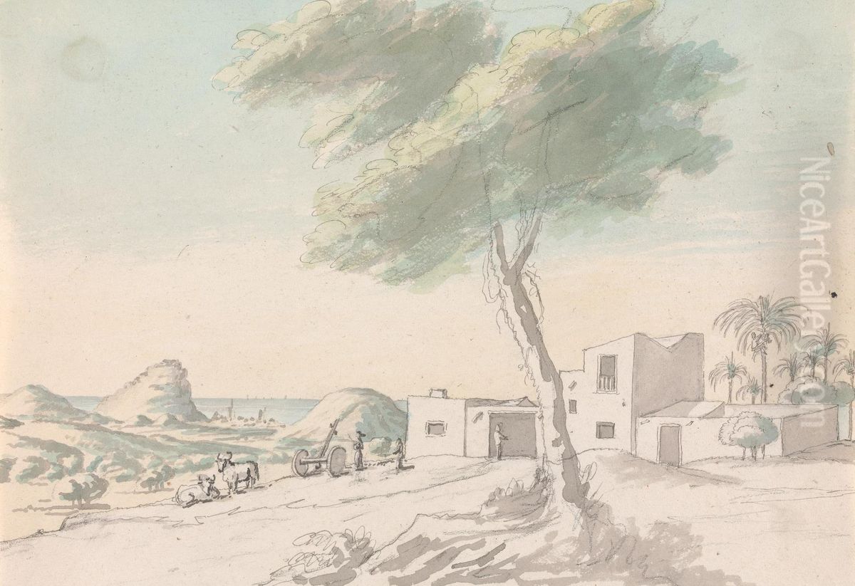 Landscape, With view of coast and Palm trees in the Distance Oil Painting by Henry Swinburne