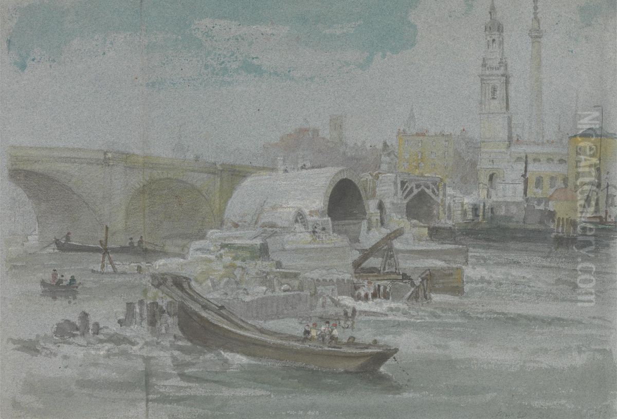 The Demolition of Old London Bridge Oil Painting by George Arnald