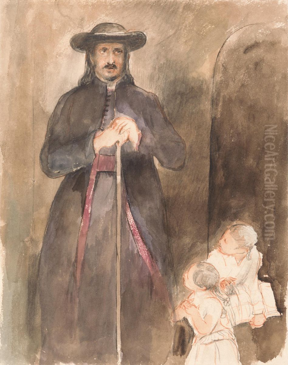 A Priest with Two Children Oil Painting by David Wilkie
