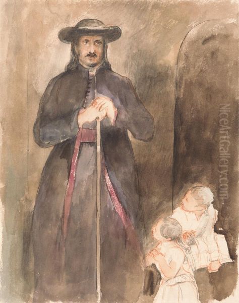 A Priest with Two Children Oil Painting by David Wilkie