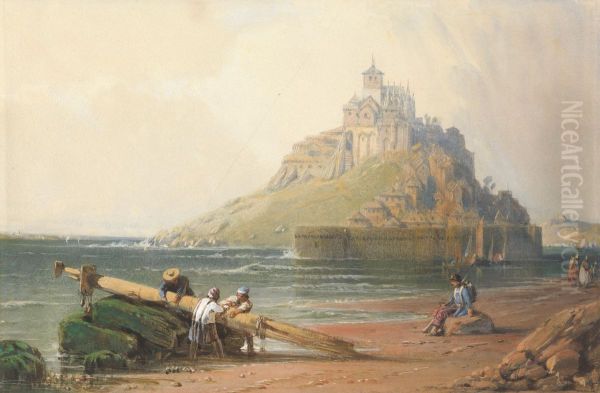 View of Mont St. Michel with Figures on the Beach Oil Painting by William Wyld