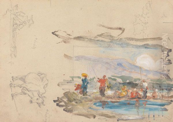 A Pool with Figures Oil Painting by George Chinnery