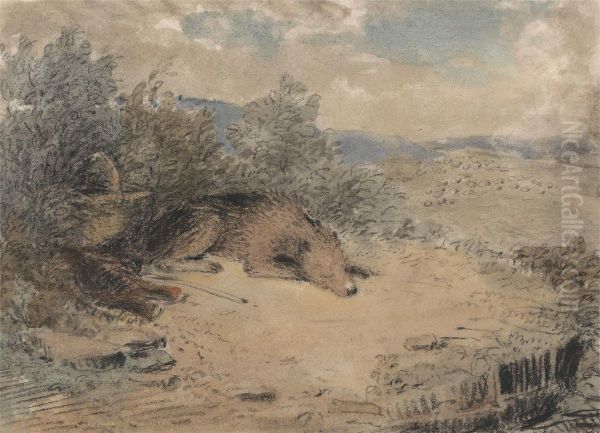 Sheepdog Asleep in a Landscape Oil Painting by Andrew Geddes