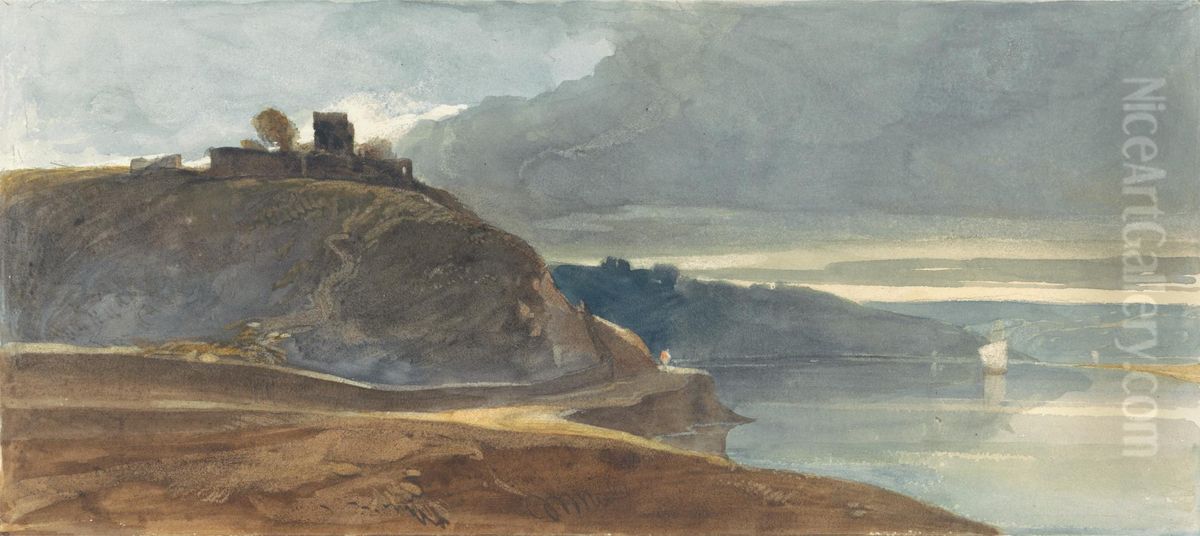 A Castle Above an Estuary Oil Painting by William James Muller