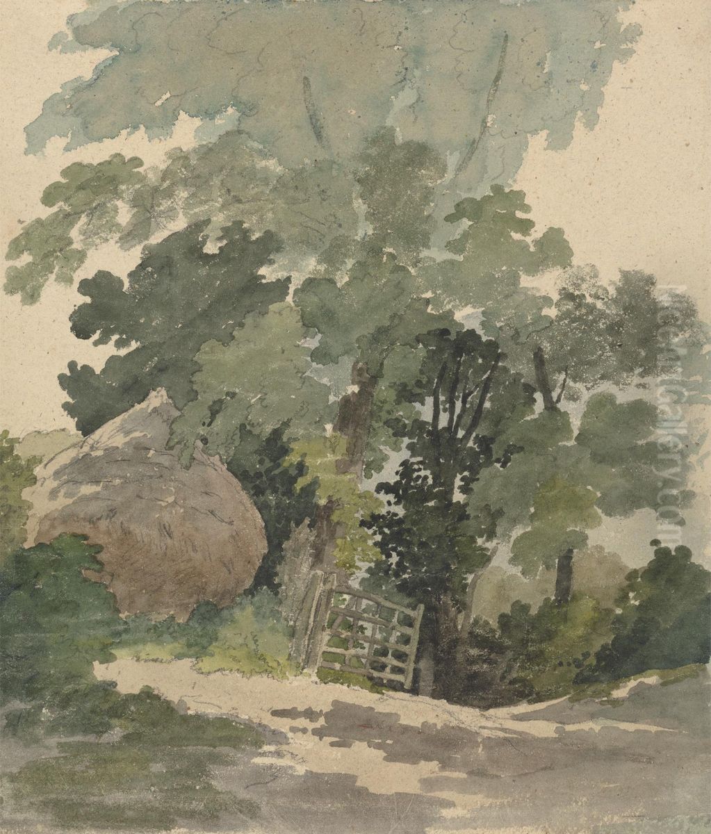A Country Lane with Haystack and Gate Oil Painting by Robert Hills A Country Lane with Haystack and Gate Oil Painting by Robert Hills