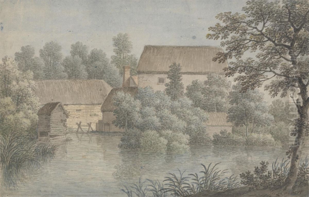 A Village Pond with Farm Buildings Oil Painting by George Lambert