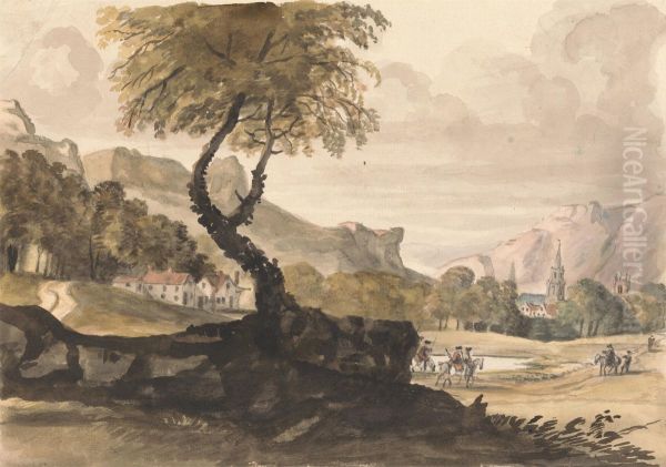 Hilly Scene with Village and Horseman Oil Painting by Peter Tillemans