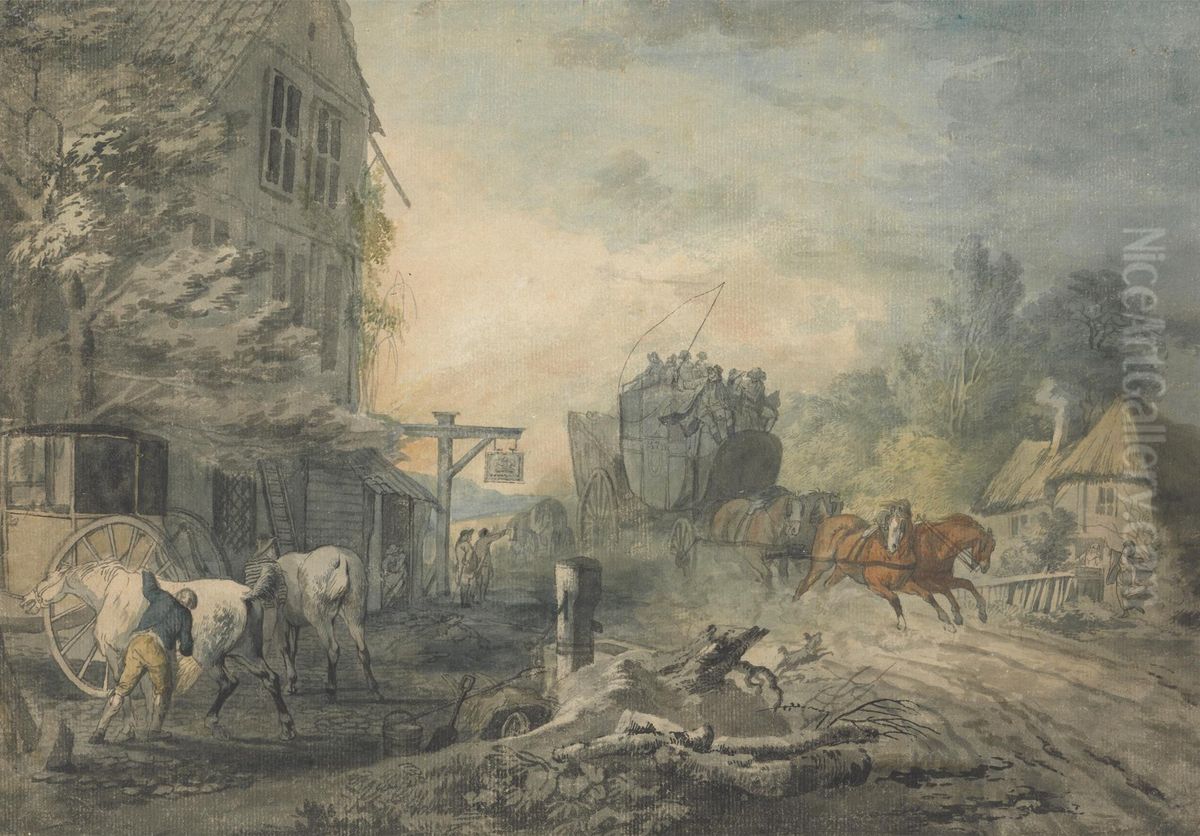 A Stagecoach and Four Dashing Through a Village on the Bath-London Road Oil Painting by George Robertson