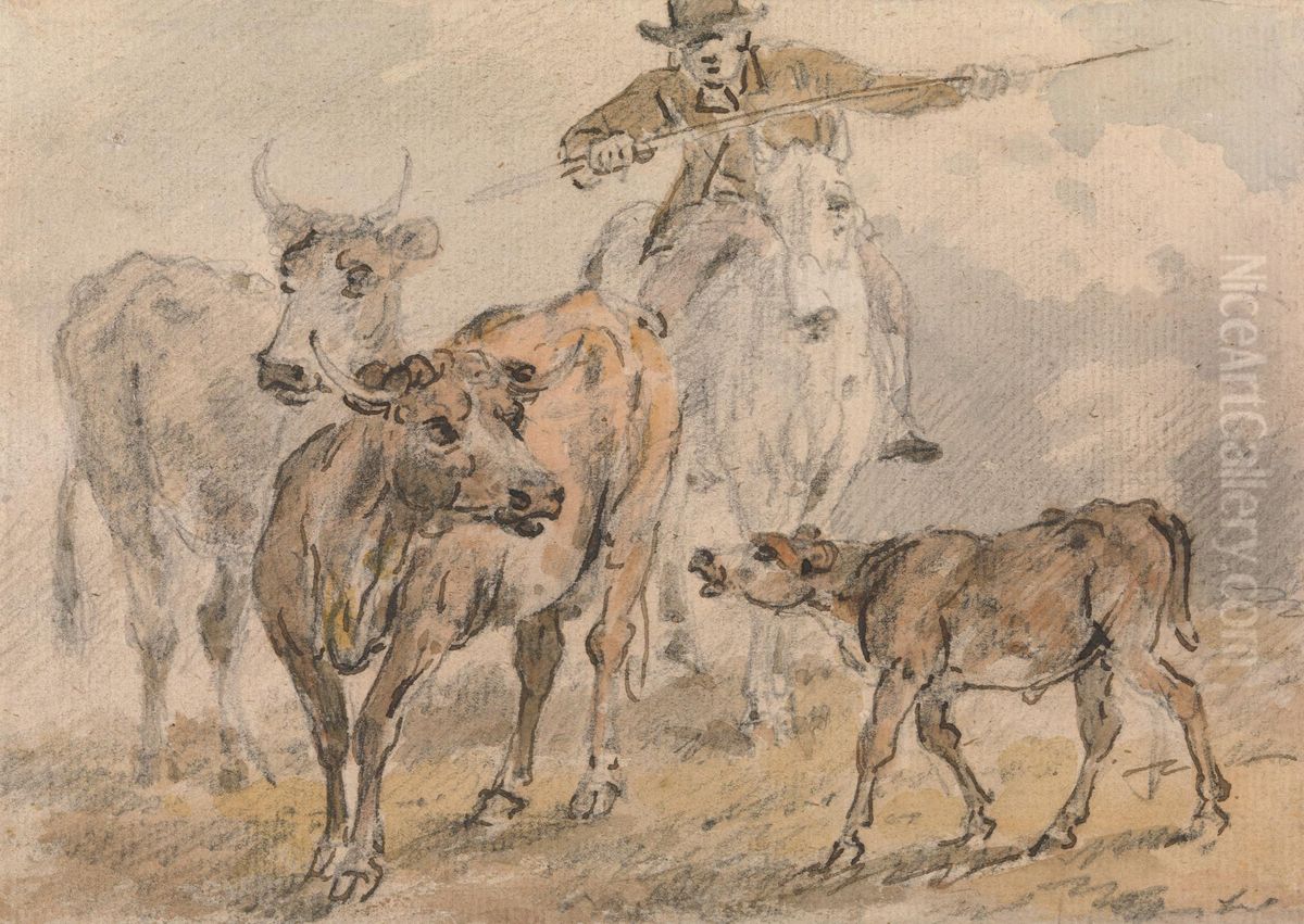 Man on a horse hearding two cows and a calf Oil Painting by Sawrey Gilpin