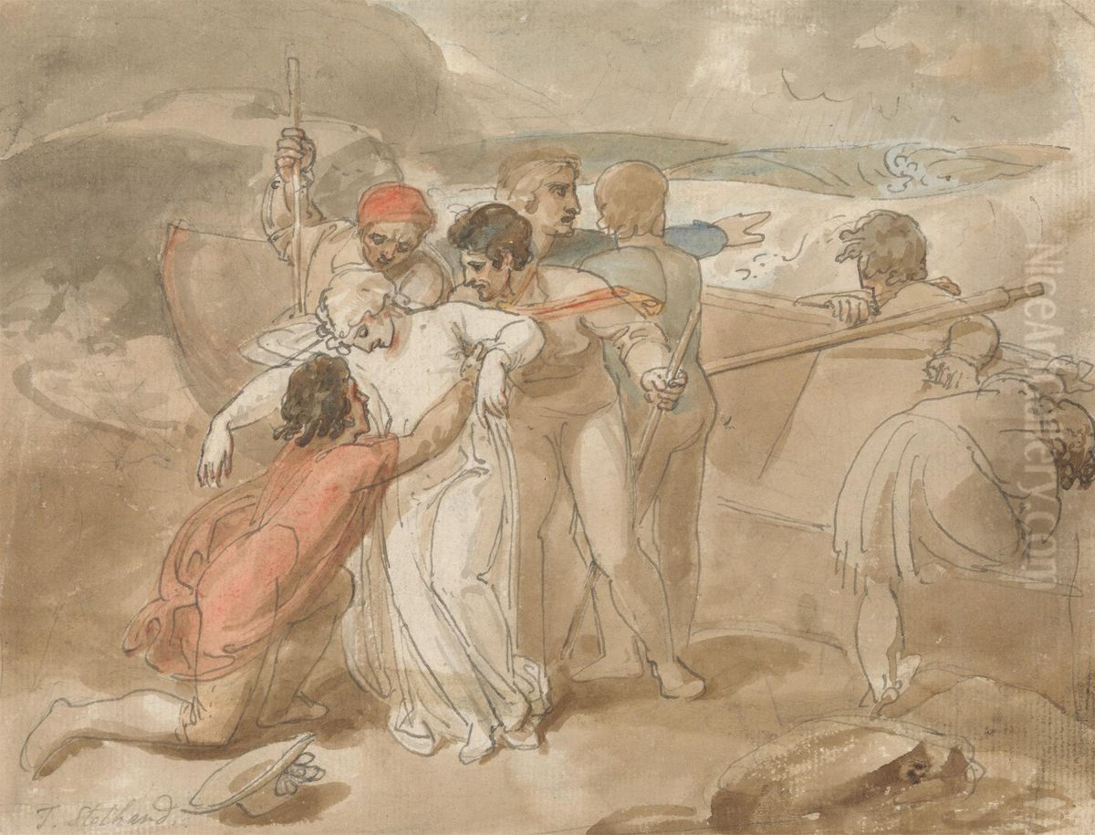 A Woman Rescued from the Sea and Assisted Ashore, Rowing Boat and Rescuers in Background Oil Painting by Thomas Stothard