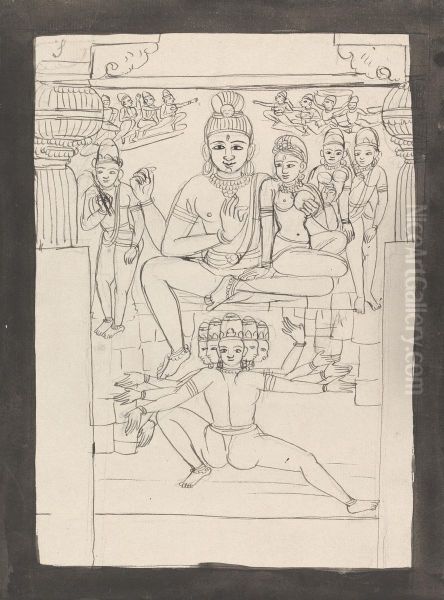 Another Representation of the Story of Mahdew Paswutee and Raoun Oil Painting by Gangaram Chintaman Tambat