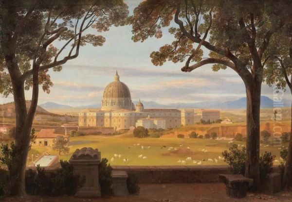 Blick von der Villa Doria Pamphilj auf den Petersdom in Rom Oil Painting by August Ahlborn