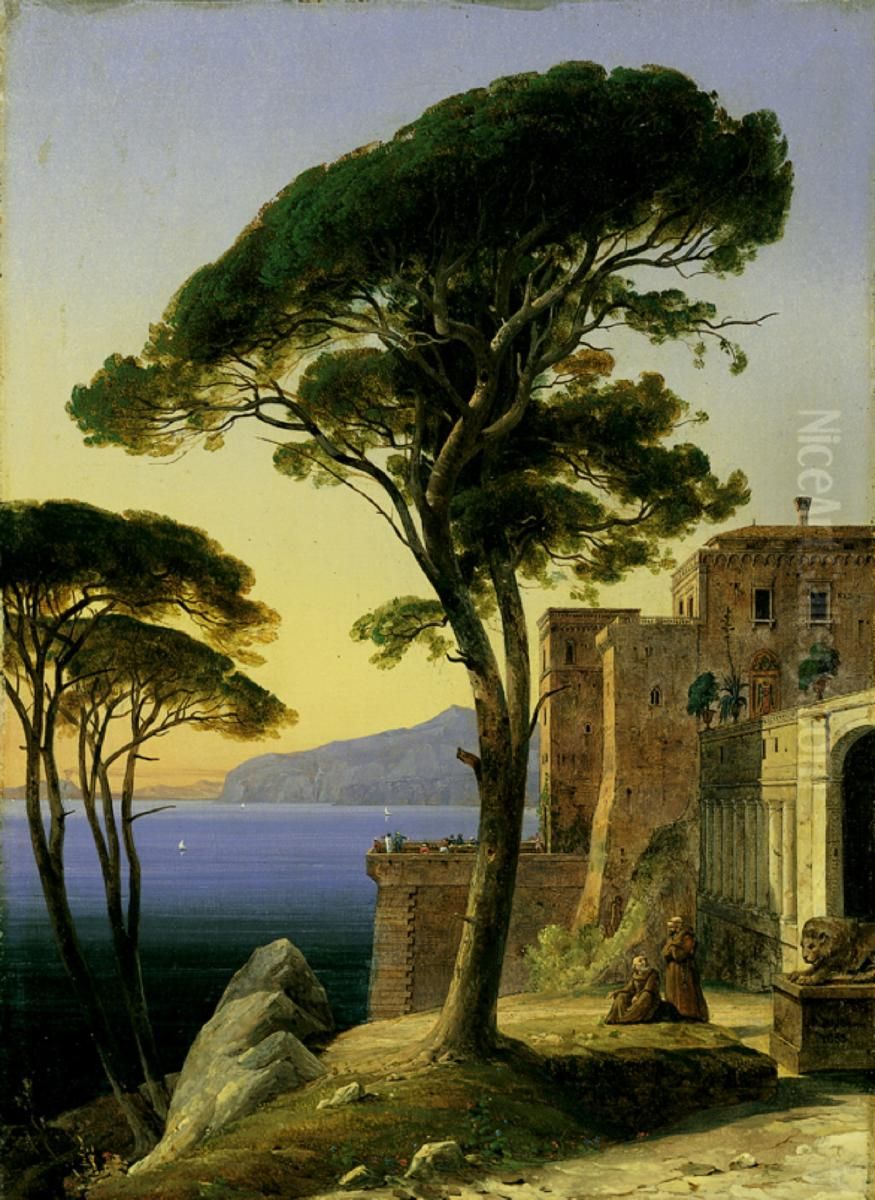 Monastery complex on the Gulf of Naples near Sorrento Oil Painting by August Ahlborn
