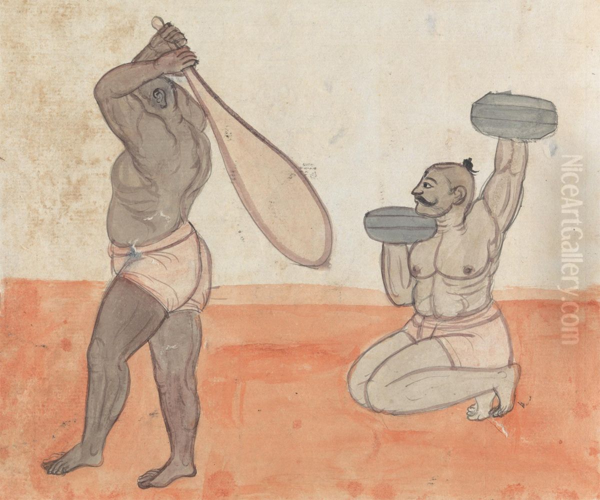A Pair of Jeyties Weightlifting Oil Painting by Gangaram Chintaman Tambat