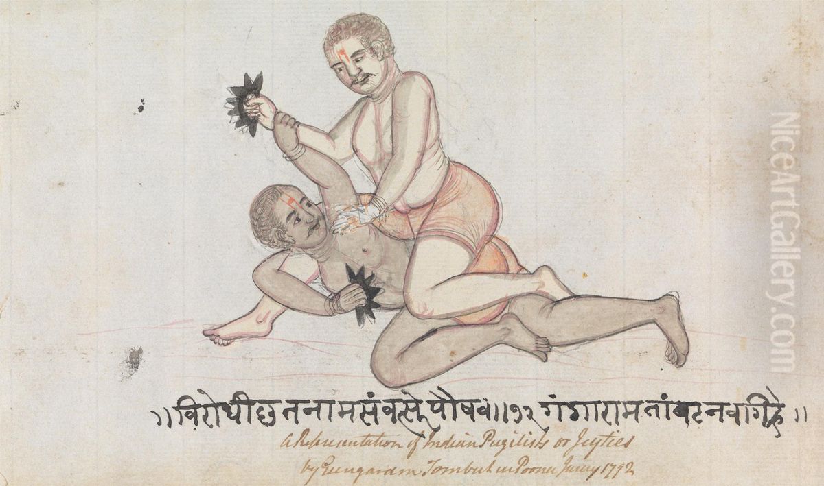 Two Jeyties Wrestling Oil Painting by Gangaram Chintaman Tambat