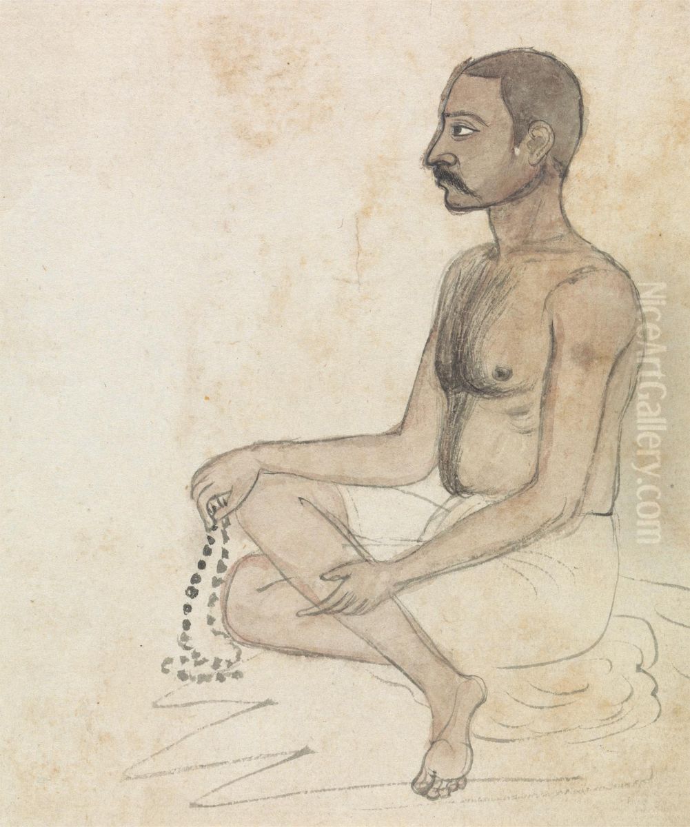 Man with Prayer Beads Oil Painting by Gangaram Chintaman Tambat