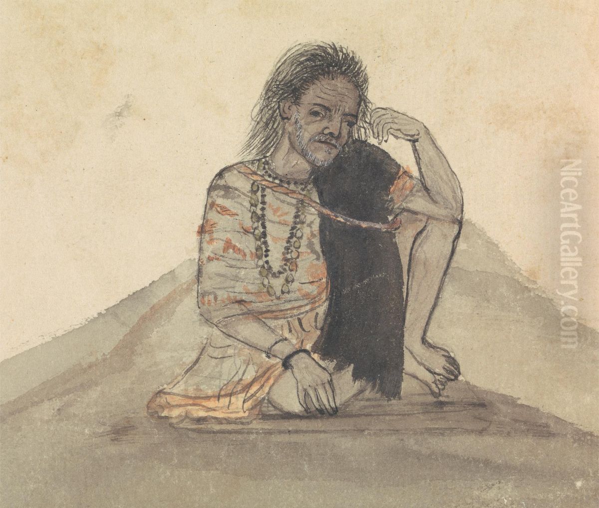 Man with a Black Shawl Oil Painting by Gangaram Chintaman Tambat