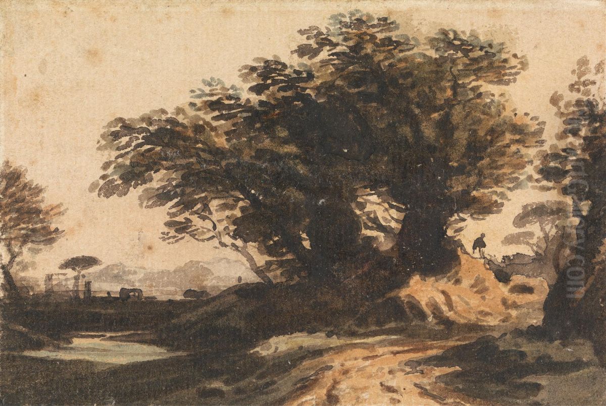 Landscape with a Clump of Trees near a Road and a Stream Oil Painting by John Varley