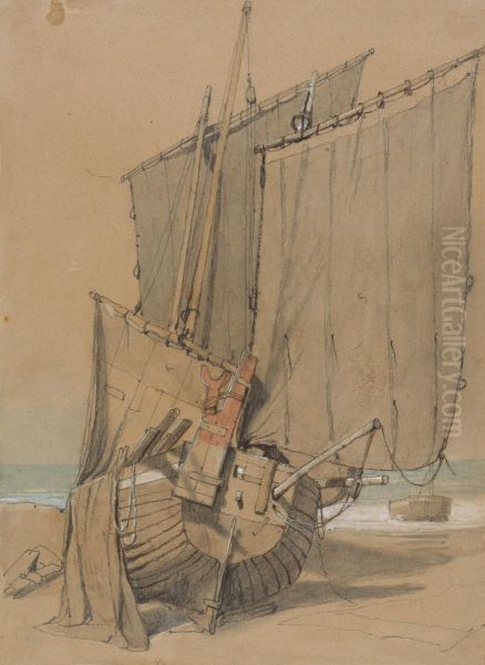 Fishing Boats on the Beach with Sails Drying Oil Painting by Samuel Prout