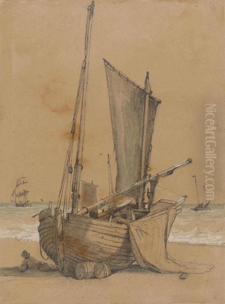 Fishing Boat on the Beach with a Brig at Sea Oil Painting by Samuel Prout