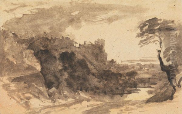 Romatic Landscape with a Castle and a Tree on the Right Oil Painting by John Varley