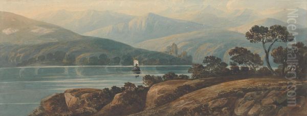 Landscape in Wales with Castle, Lake, and Rocky Foreground Oil Painting by John Varley