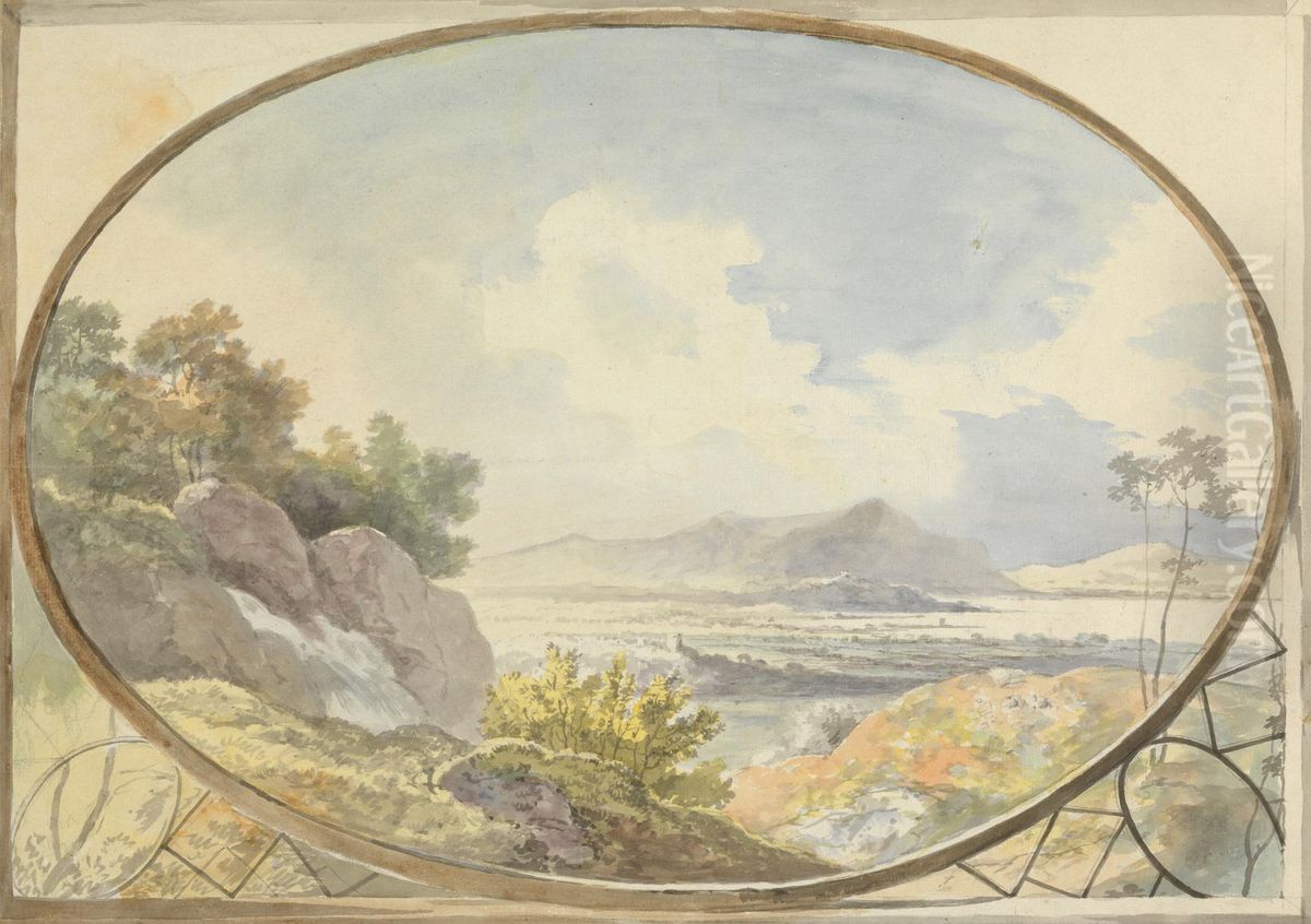 Landscape Set in an Oval (Mountain Landscape Through an Oval Window) Oil Painting by George Barret, Sr.