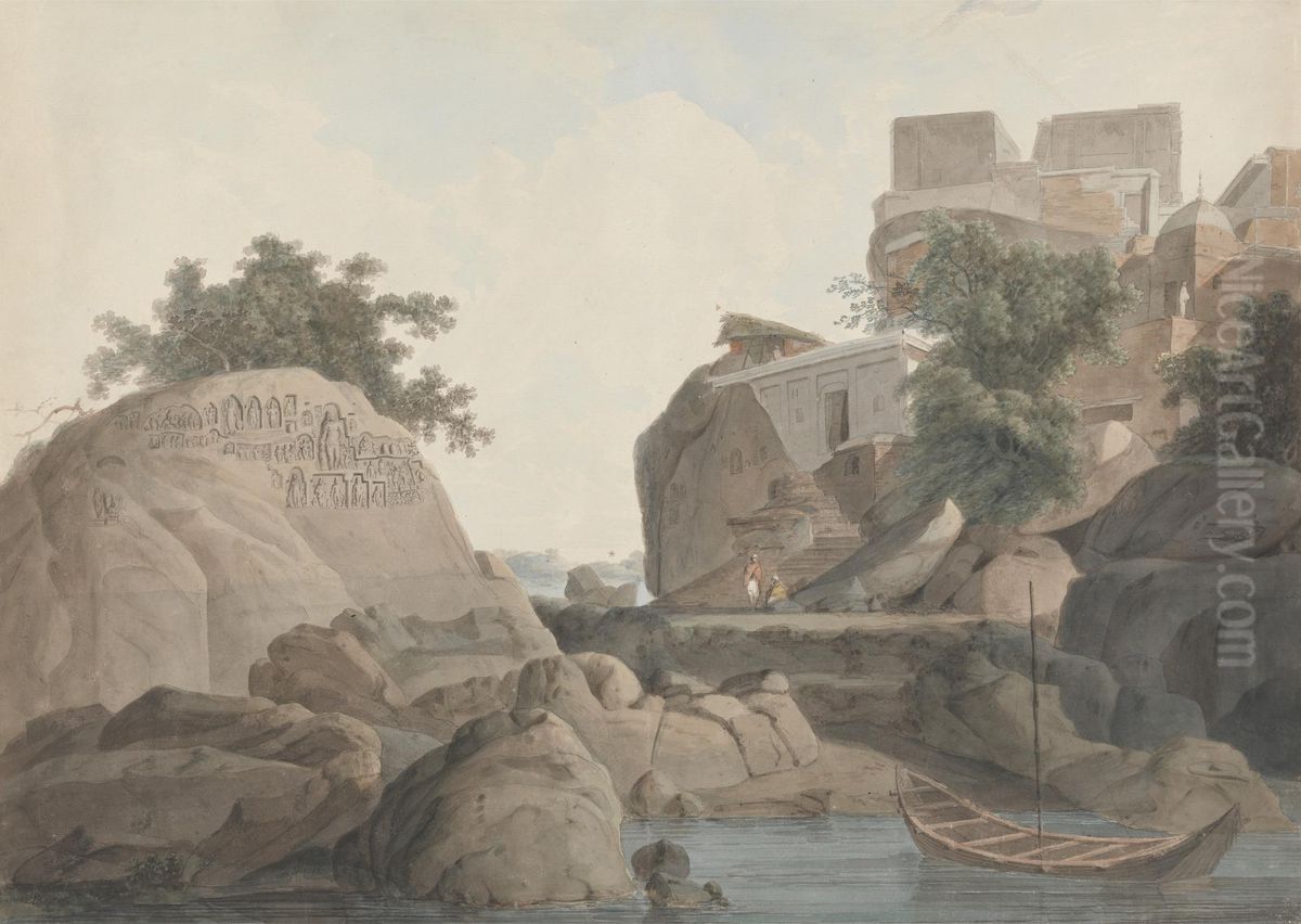 Fakir's Rock at Sultanganj, on the Ganges River Oil Painting by Thomas Daniell