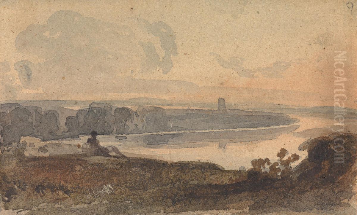 Landscape, with Winding River, Figure on Hill in Foreground Oil Painting by Thomas Sully