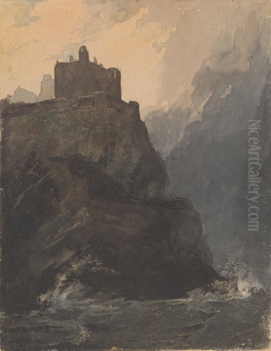 Castle on Cliff, with a Stormy Sea, and Shipwreck at Base of Cliff Oil Painting by Thomas Sully