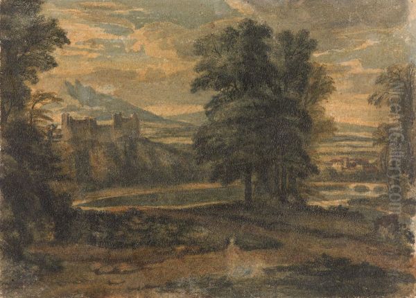 Landscape with Mountains, Castle, Trees and Lake Oil Painting by Thomas Sully