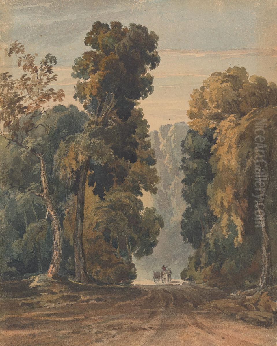 Horse, Cart and Driver on Wide, Tree-lined Lane Oil Painting by Thomas Sully