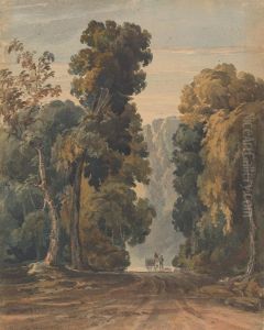 Horse, Cart and Driver on Wide, Tree-lined Lane