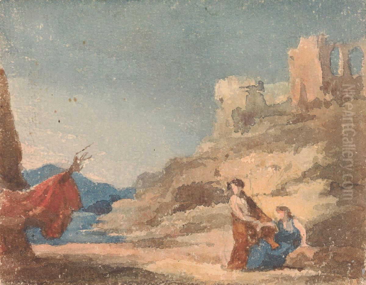 Figures Among Ruins on Hill Oil Painting by Thomas Sully