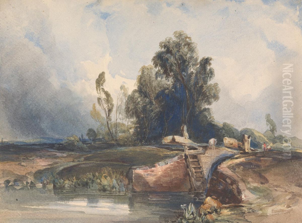 Landscape with Canal and Lock; Figures at Lock Oil Painting by Thomas Sully
