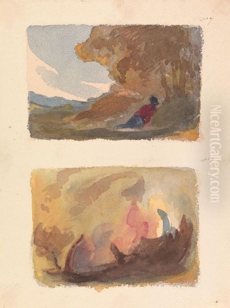 Landscape with Figure Reclining Against Hill - Titian and Venetian School (no. 7); Landscape - Variety of Watercolor Washes (no. 8) Oil Painting by Thomas Sully