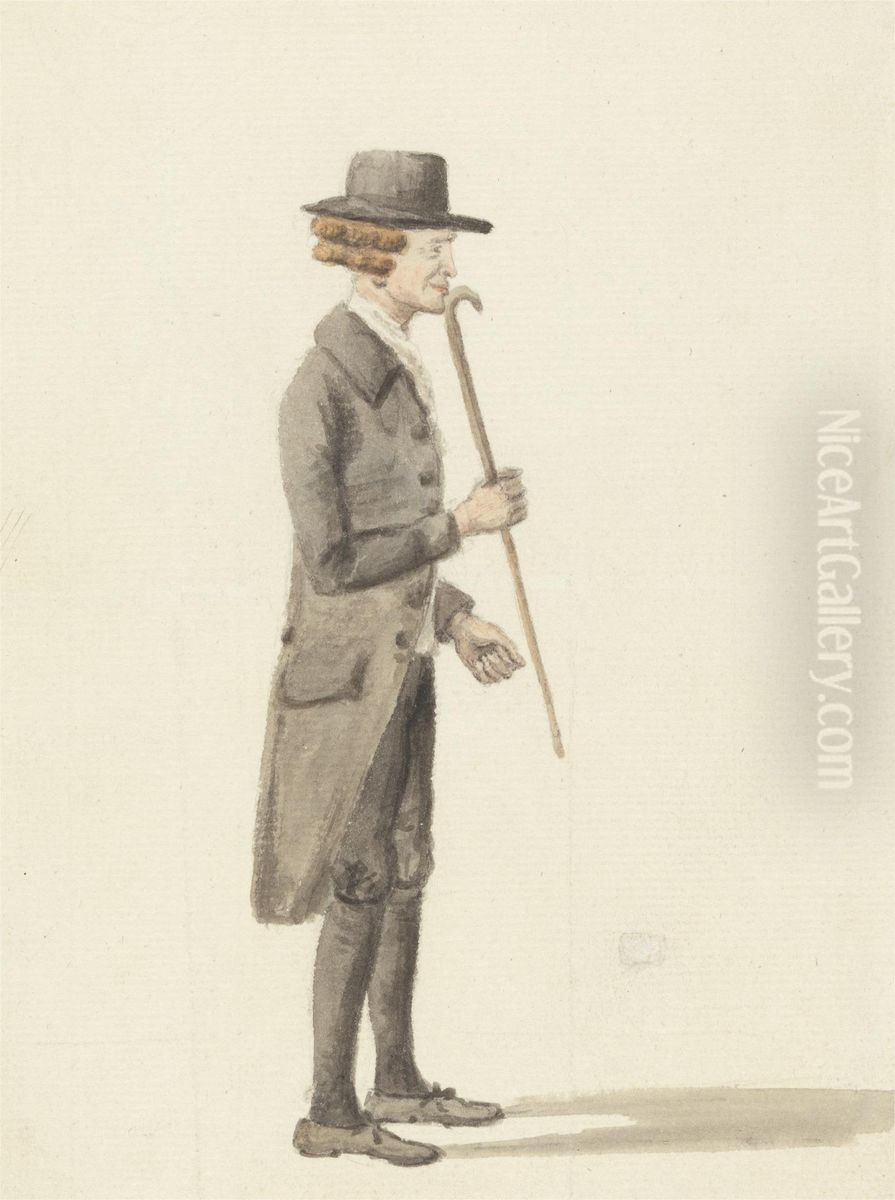 Full-length Figure of a Man Dressed in Black Holding a Walking Stick Oil Painting by Robert Frankland Russell