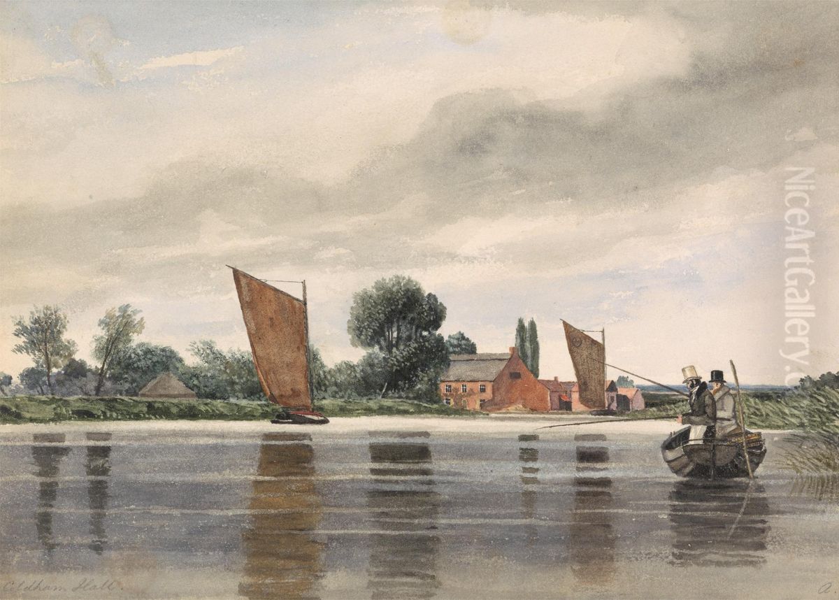 Coldham Hall, with H. Priest and C. Turner Angling, 1835 Oil Painting by Alfred Priest