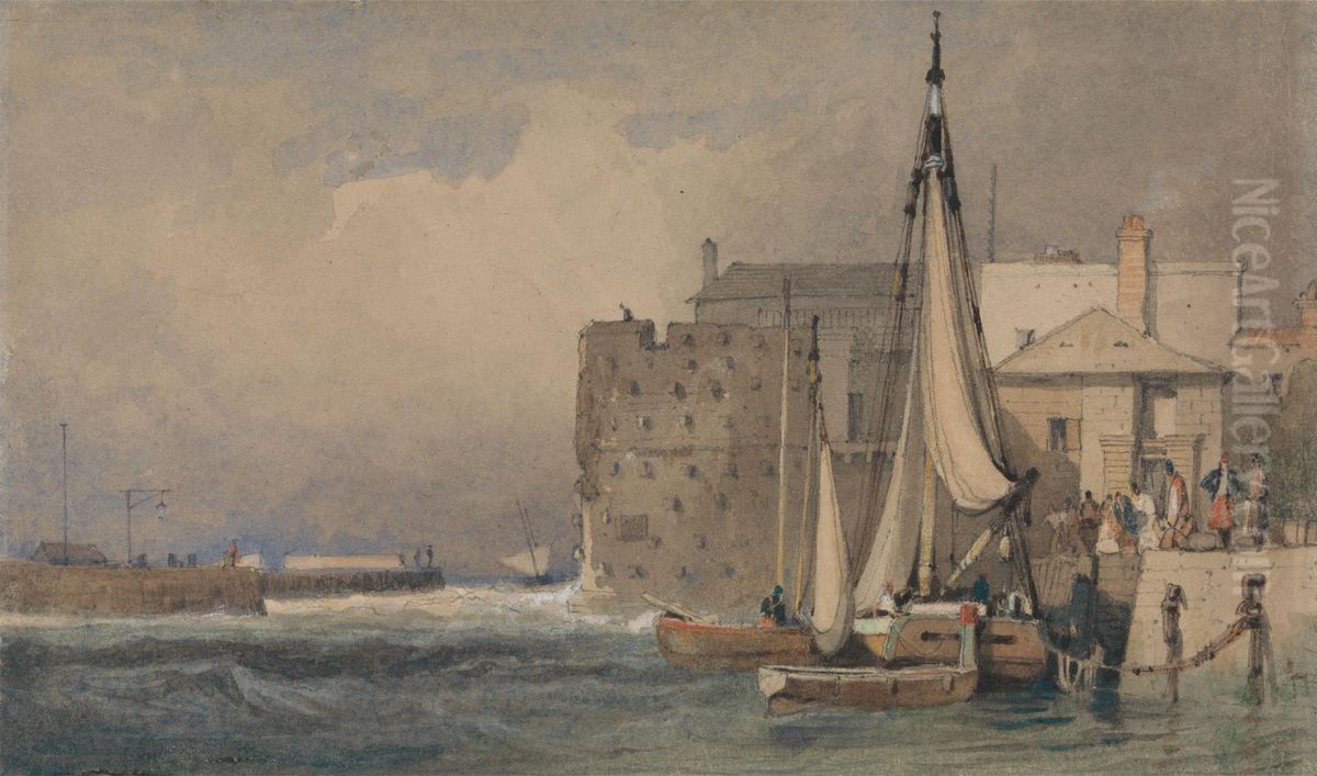 A Harbour; Breakwater Left, Small Boats Moored Alongside a Quay with Figures Right Oil Painting by Samuel Prout